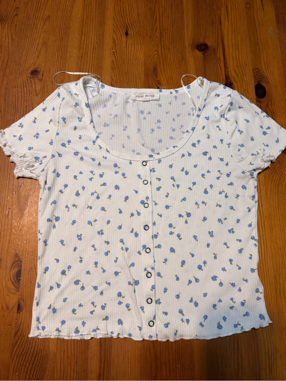 Pink Rose White Ribbed Button-Front Top with Blue Floral Print